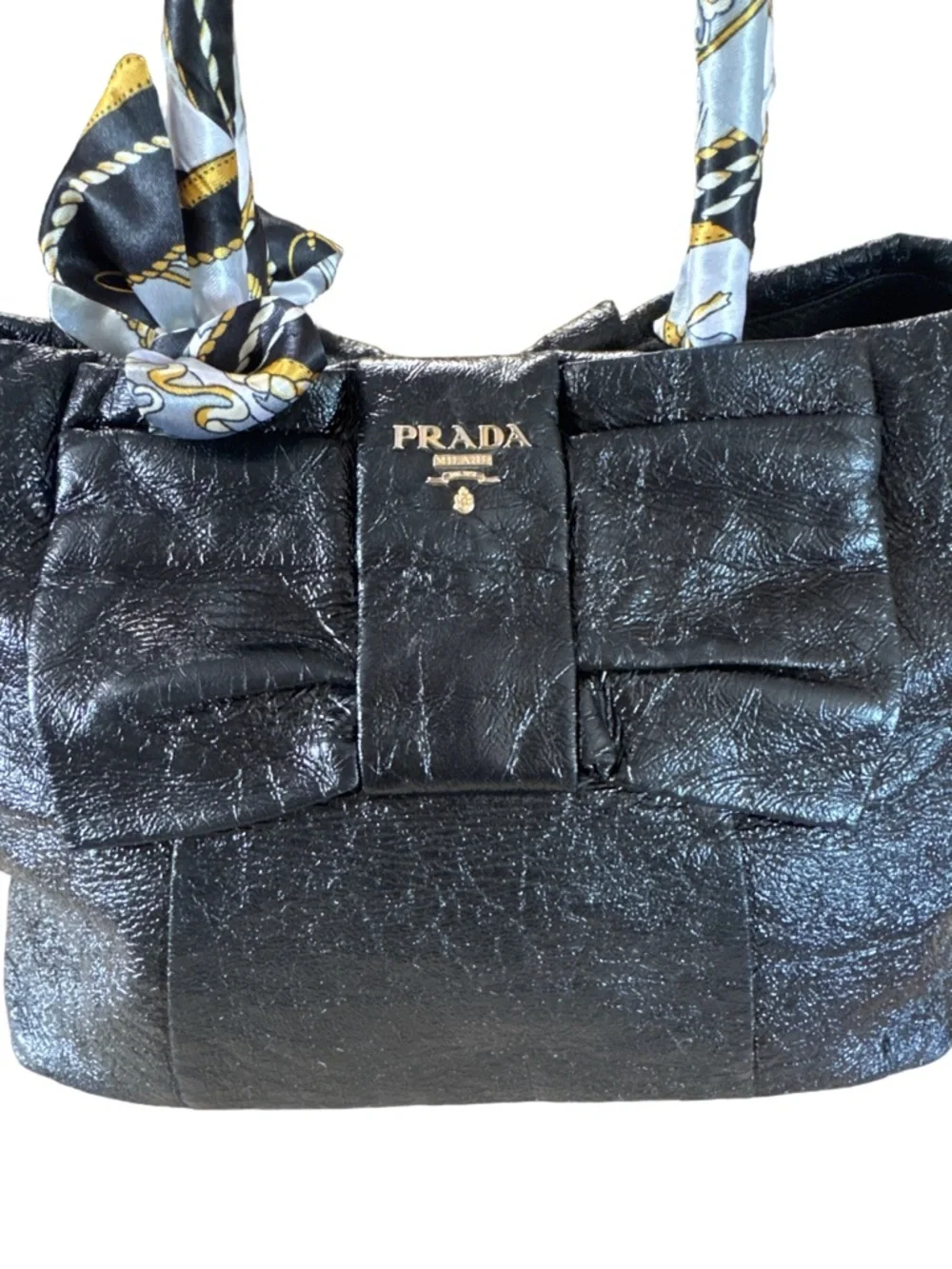 PRADA Ribbon Handbag Tote Black Patent with COA & Dust Bag VTG Medium 9x11x6 - Picture 6 of 17